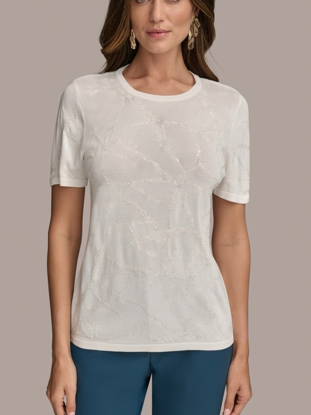 Donna Karan New York Short-Sleeve Sequin Detail Sweater - Cream Size Small